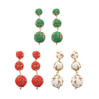 Set of 3 Red, Green, and White Color Seed Beaded Earrings in Goldtone