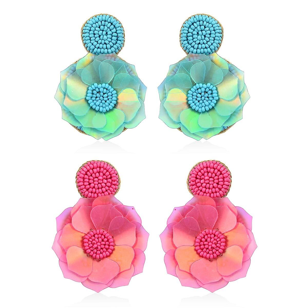 Set of 2 Seed Beaded Floral Earrings in Goldtone