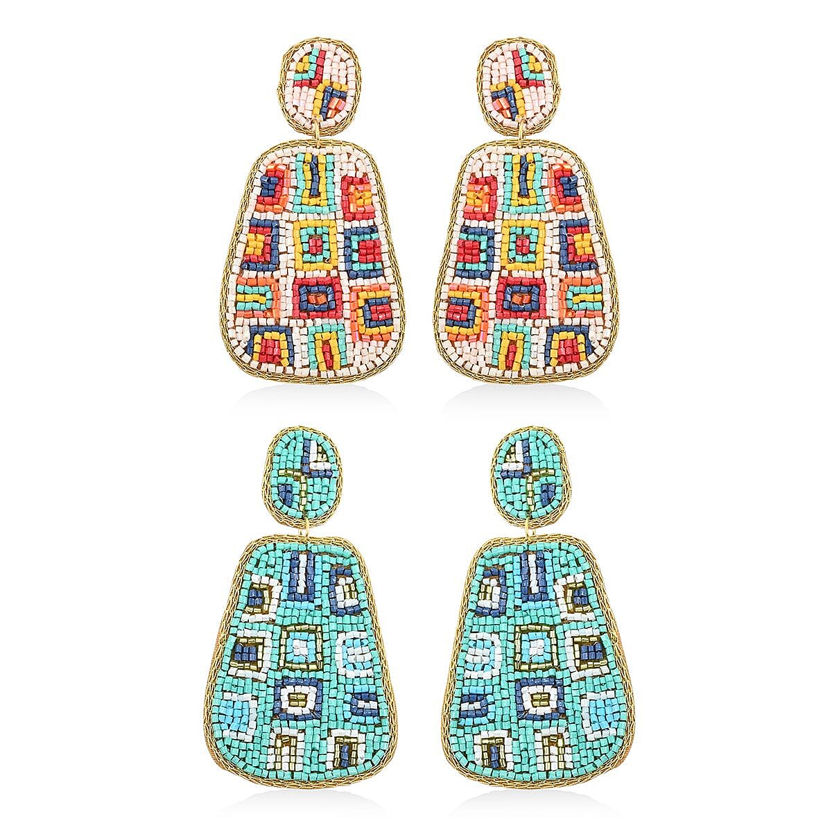Set of 2 Multi Color Seed Beaded Earrings in Goldtone