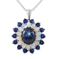 Blue Star Sapphire (DF), Multi Gemstone Floral Pendant Necklace (18 Inches) in Platinum Over Sterling Silver - Sticky add to cart bar