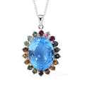 Swiss Blue Topaz and Multi-Tourmaline Sunburst Pendant Necklace 18 Inches in Platinum Over Sterling Silver 26.75 ctw - Sticky add to cart bar