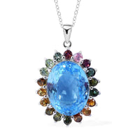 Swiss Blue Topaz and Multi-Tourmaline Sunburst Pendant Necklace 18 Inches in Platinum Over Sterling Silver 26.75 ctw