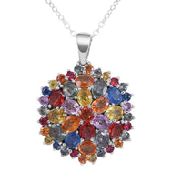 Multi Sapphire Floral Pendant Necklace 18 Inches in Sterling Silver 5.50 ctw