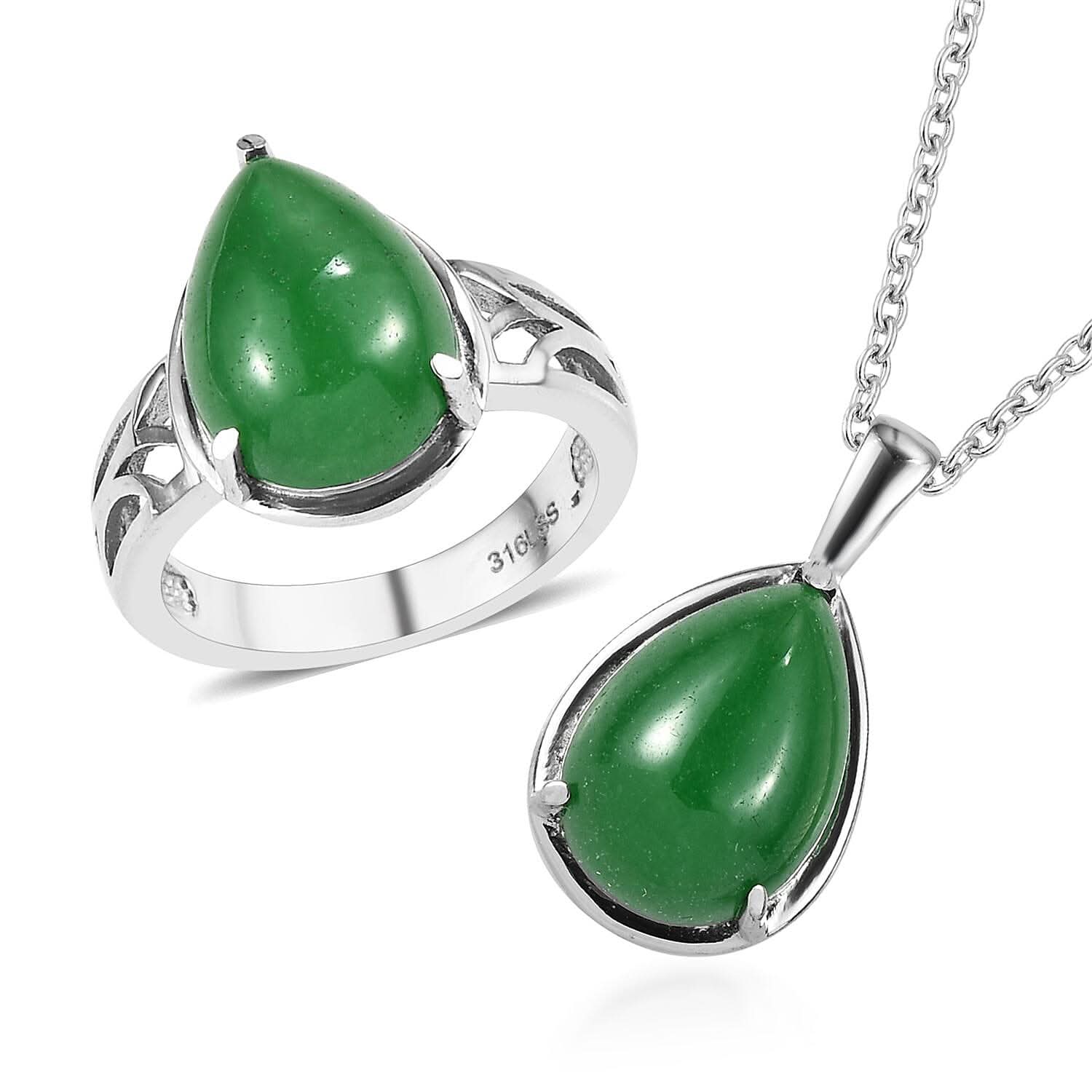 Green Jade (D) Solitaire Ring (Size 5.0) and Pendant Necklace 20 Inches in Stainless Steel 14.20 ctw