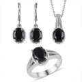 Australian Black Tourmaline Lever Back Earrings, Ring (Size 5.0), Pendant Necklace 20 Inches in Stainless Steel 8.00 ctw - Sticky add to cart bar