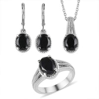 Australian Black Tourmaline Lever Back Earrings, Ring (Size 5.0), Pendant Necklace 20 Inches in Stainless Steel 8.00 ctw