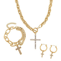 Doorbuster White Austrian Crystal Cross Necklace 20 Inches and Bracelet (8.50In) and Earrings in Goldtone
