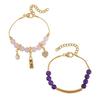 Doorbuster Amethyst, Galilea Rose Quartz and Austrian Crystal Set of 2 Bracelet (7.5-9.5In) in Goldtone 100.00 ctw