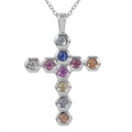 Multi Sapphire Cross Pendant Necklace 18 Inches in Platinum Over Sterling Silver 1.75 ctw - Sticky add to cart bar