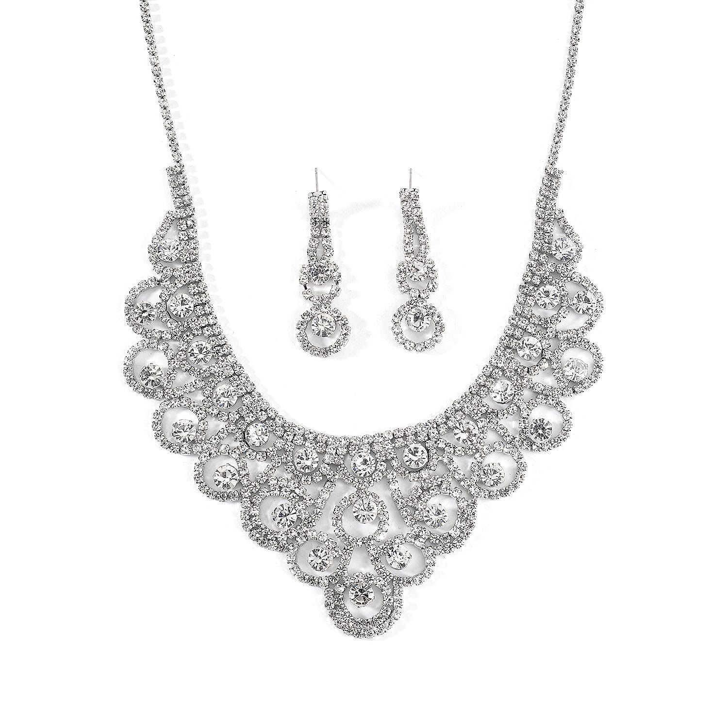 Austrian Crystal Necklace 20-22 Inches and Earrings in Silvertone