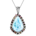 Larimar and Multi-Tourmaline Halo Pendant Necklace 20 Inches in Platinum Over Sterling Silver 34.20 ctw - Sticky add to cart bar