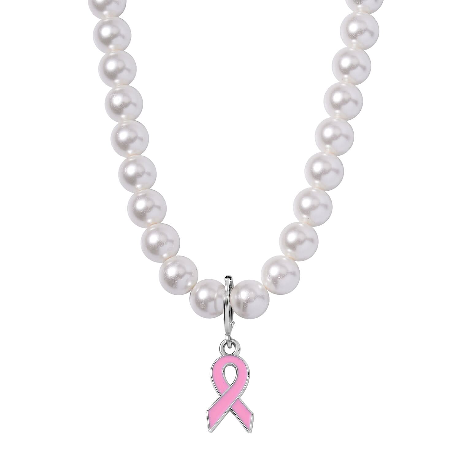 Pink Enameled Pendant with White Shell Pearl Beaded Necklace 20 Inches in Silvertone 210.00 ctw