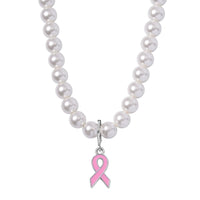Pink Enameled Pendant with White Shell Pearl Beaded Necklace 20 Inches in Silvertone 210.00 ctw