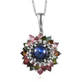Blue Star Sapphire (DF) and Multi-Tourmaline Floral Pendant Necklace 20 Inches in Platinum Over Sterling Silver 7.40 ctw - Sticky add to cart bar