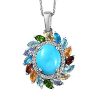 Premium Sleeping Beauty Turquoise and Multi Gemstone Halo Pendant Necklace 20 Inches in Platinum Over Sterling Silver 3.75 ctw