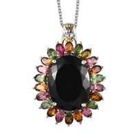 Australian Black Tourmaline, Multi-Tourmaline Halo Pendant Neckalce (20 Inches) in Vermeil YG and Platinum Over Sterling Silver 22.65 ctw