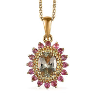 AAA Turkizite and Multi Gemstone Floral Pendant Necklace 20 Inches in Vermeil Yellow Gold Over Sterling Silver 1.30 ctw