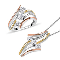 Doorbuster Moissanite 3 Stone Ring (Size 5.0), Pendant Necklace (20 Inches) in Vermeil YRG and Platinum Over Sterling Silver 1.40 ctw