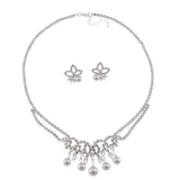 White Shell Pearl and Austrian Crystal Necklace and Earrings in Silvertone 20-22 Inches