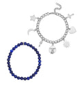 Set of 2 Lapis Lazuli Beaded Stretch and Stainless Steel Curb Chain Charm Bracelet (7.50-9.0In) 80.00 ctw - Sticky add to cart bar