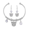 Simulated Pearl, Simulated Diamond and Austrian Crystal Earrings and Cuff Bracelet (7.00 In) with Butterfly Charm in Silvertone 0.80 ctw - Sticky add to cart bar