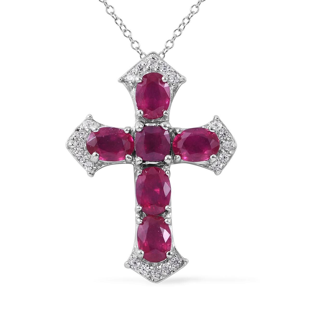 Niassa Ruby (FF) and White Zircon Cross Pendant Necklace 18 Inches in Platinum Over Sterling Silver 6.85 ctw