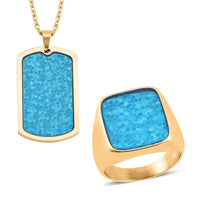 Enameled Men's Ring (Size 9.00) and Pendant Necklace 20 Inches in ION Plated YG Stainless Steel