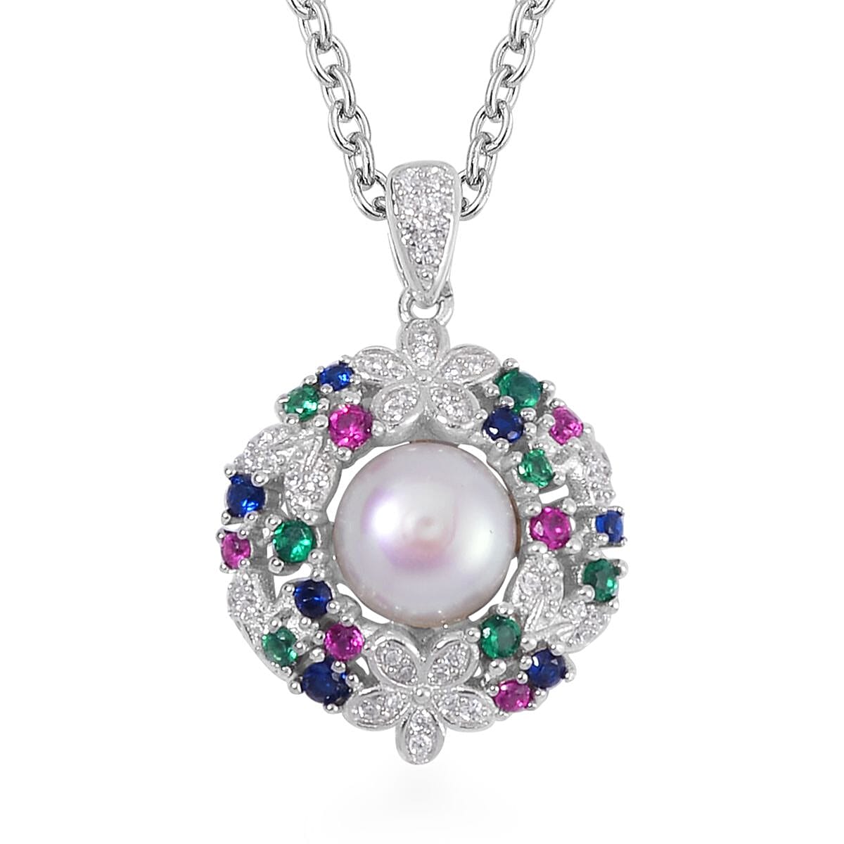 Freshwater Pearl and Multi Diamond Pendant with Stainless Steel Necklace