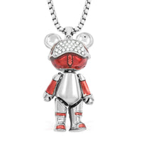 Austrian Crystal and Enameled Bear Pendant in Silvertone with Stainless Steel Necklace 28 Inches