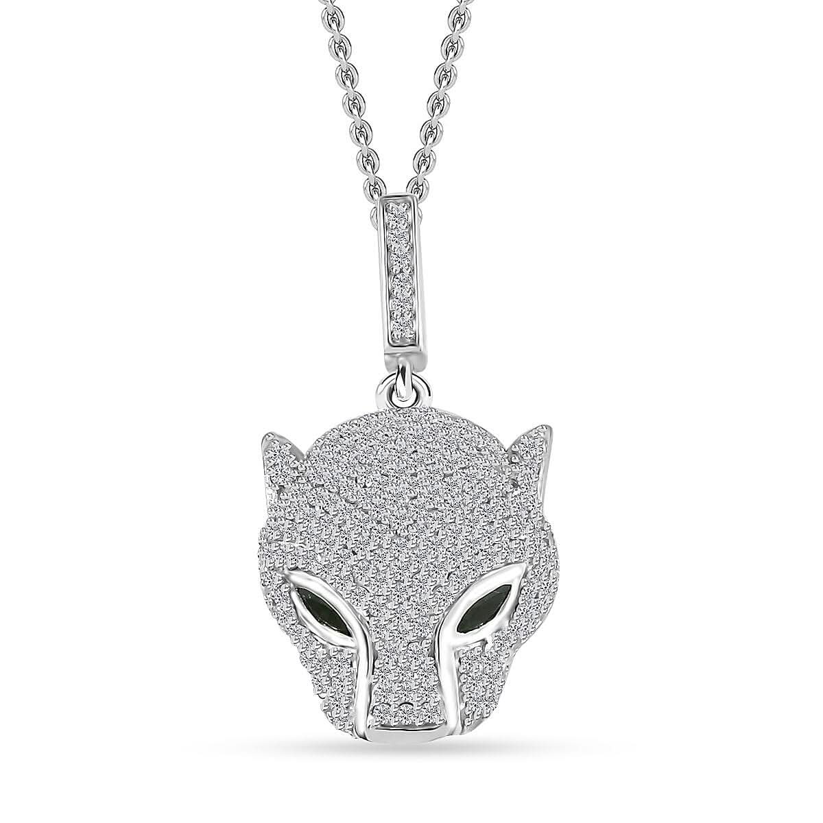 GP Trionfo Collection Chrome Diopside and Diamond Panther Head Pendant Necklace 20 Inches in Platinum Over Sterling Silver 1.10 ctw