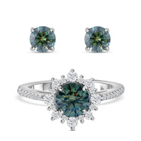 Blue Moissanite (Rnd 6.5mm), Moissanite Floral Ring (Size 5.0) and Stud Earrings in Platinum Over Sterling Silver 2.40 ctw
