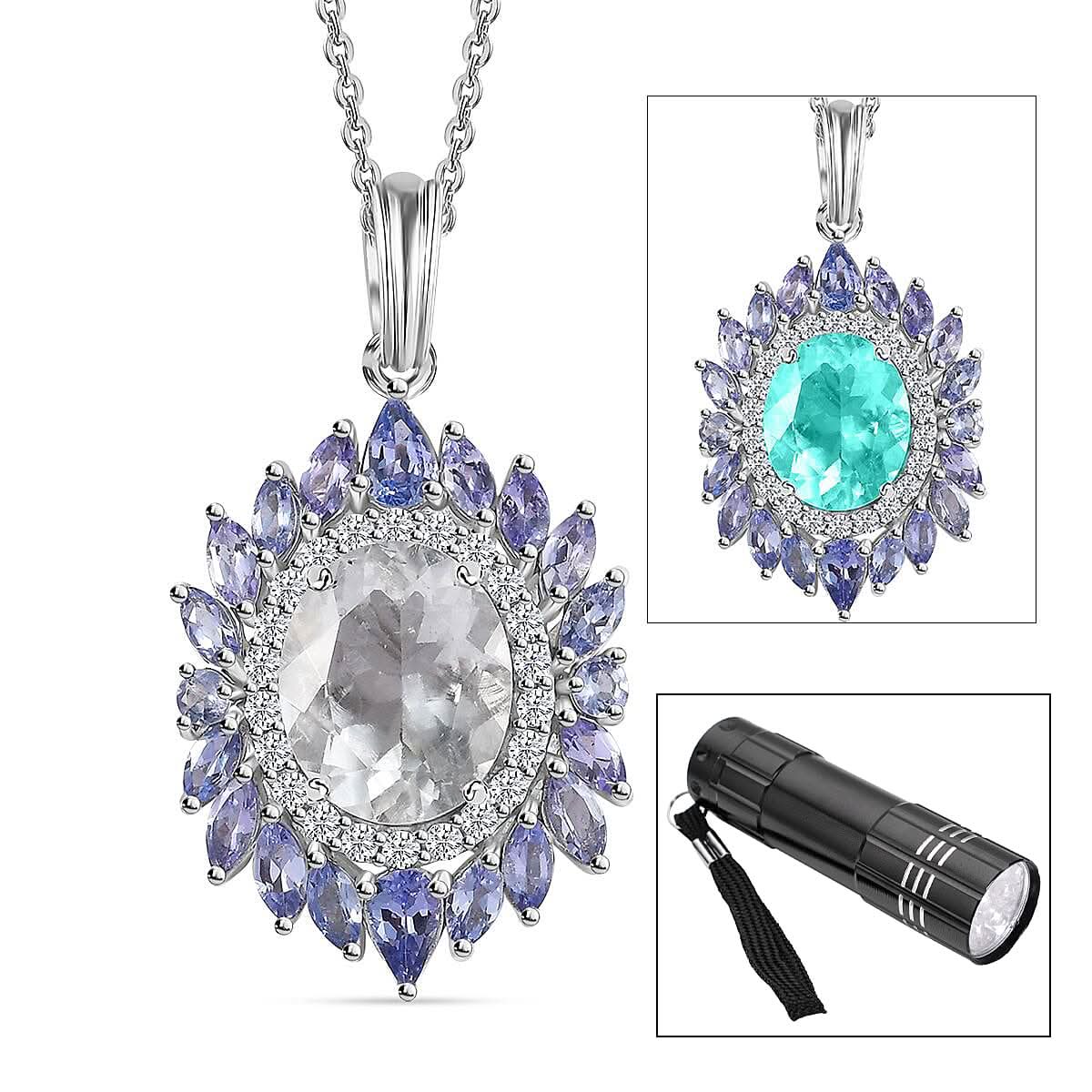 Mexican Hyalite Opal and Multi Gemstone Floral Pendant Necklace 20 Inches in Platinum Over Sterling Silver with Free UV Flash Light 4.90 ctw