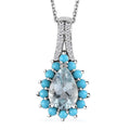 Premium Mangoro Aquamarine, Multi Gemstone Sunburst Pendant Necklace (20 Inches) in Platinum Over Sterling Silver - Sticky add to cart bar