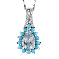 Premium Mangoro Aquamarine, Multi Gemstone Sunburst Pendant Necklace (20 Inches) in Platinum Over Sterling Silver