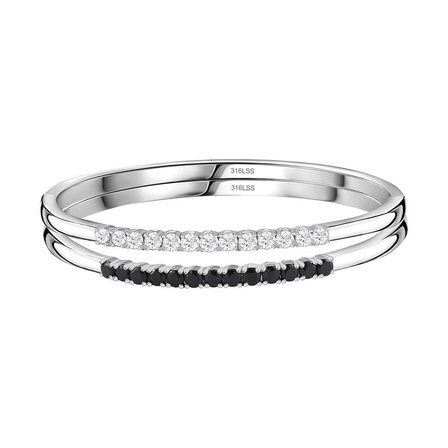 Set of 2 Thai Black Spinel and White Zircon Bangle Bracelet in Stainless Steel (6.50 In) 3.85 ctw