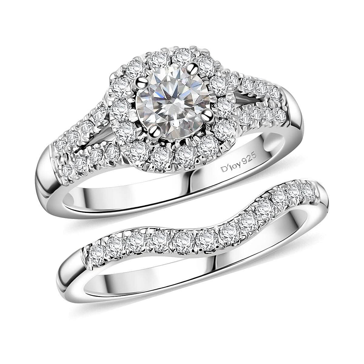 Moissanite (Rnd 5mm) Stackable Set of 2 Ring in Platinum Over Sterling Silver (Size 6.0) 1.10 ctw