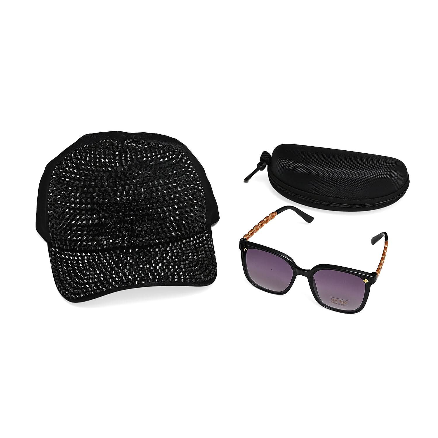 Set of 2 Black UV400 Polarized Sunglasses and Rhinestone Sparkle Cap