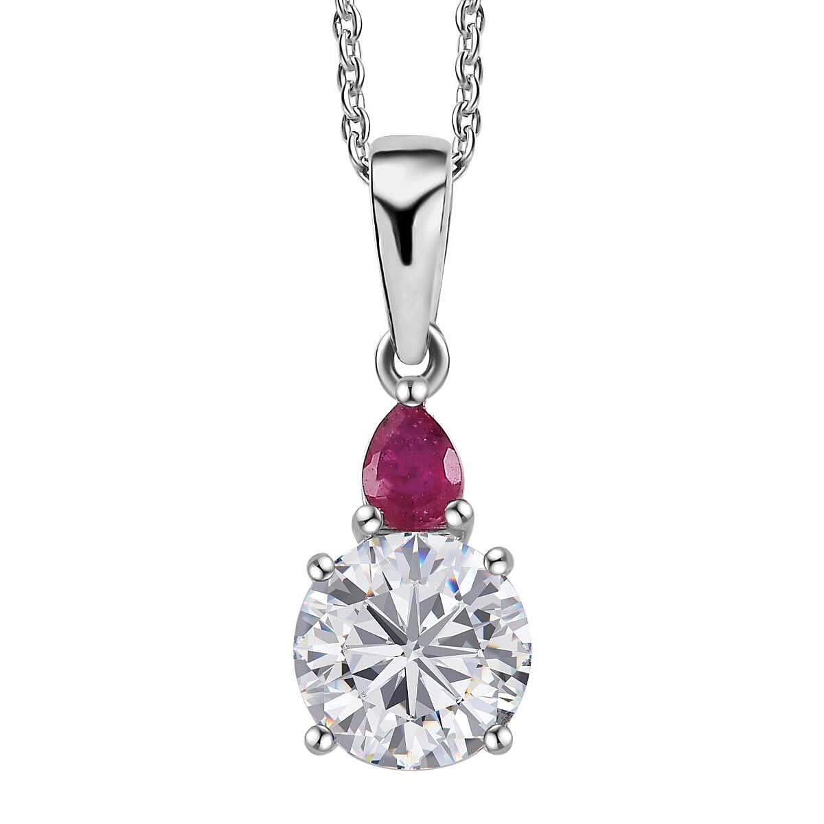 Moissanite (Rnd 7 mm), Niassa Ruby (FF) Pendant Necklace (20 Inches) in Platinum Over Sterling Silver 1.40 ctw