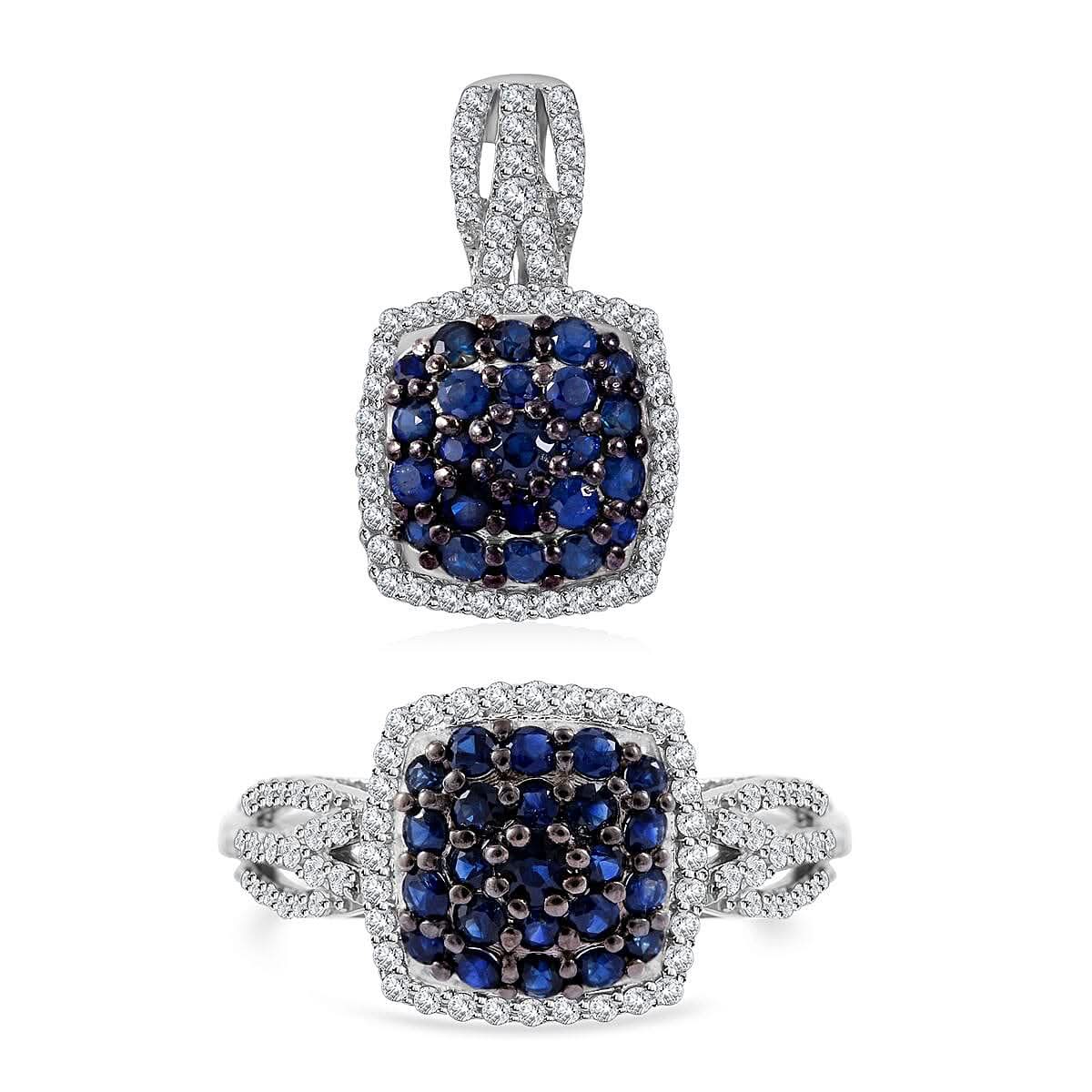 TLV Kanchanburi Blue Sapphire, White Zircon Cushion Shape Ring (Size 9.0) and Pendant in Platinum Over Sterling Silver 2.25 ctw