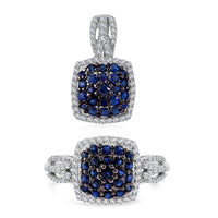 TLV Kanchanburi Blue Sapphire, White Zircon Cushion Shape Ring (Size 9.0) and Pendant in Platinum Over Sterling Silver 2.25 ctw