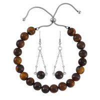 Yellow Tiger's Eye Bolo Bracelet and Earrings in Stainless Steel 89.30 ctw