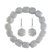 Natural Jade Tumble Shape Stretch Bracelet and Lever Back Earrings in Rhodium Over Sterling Silver 195.00 ctw