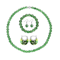 Green Color Glow Murano Style Beaded Stretch Bracelet and Dangle Earrings, Hoop Earrings and Necklace (20 Inches) in Silvertone and Stainless Steel