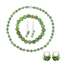 Green Murano Style Hoop 2pcs Earrings, Beaded Stretch Bracelet, Necklace (20 Inches) in Silvertone and Stainless Steel