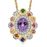 Rose De France Amethyst and Multi Gemstone 4.00 ctw Floral Pendant Necklace in Vermeil Yellow Gold Over Sterling Silver 20 Inches