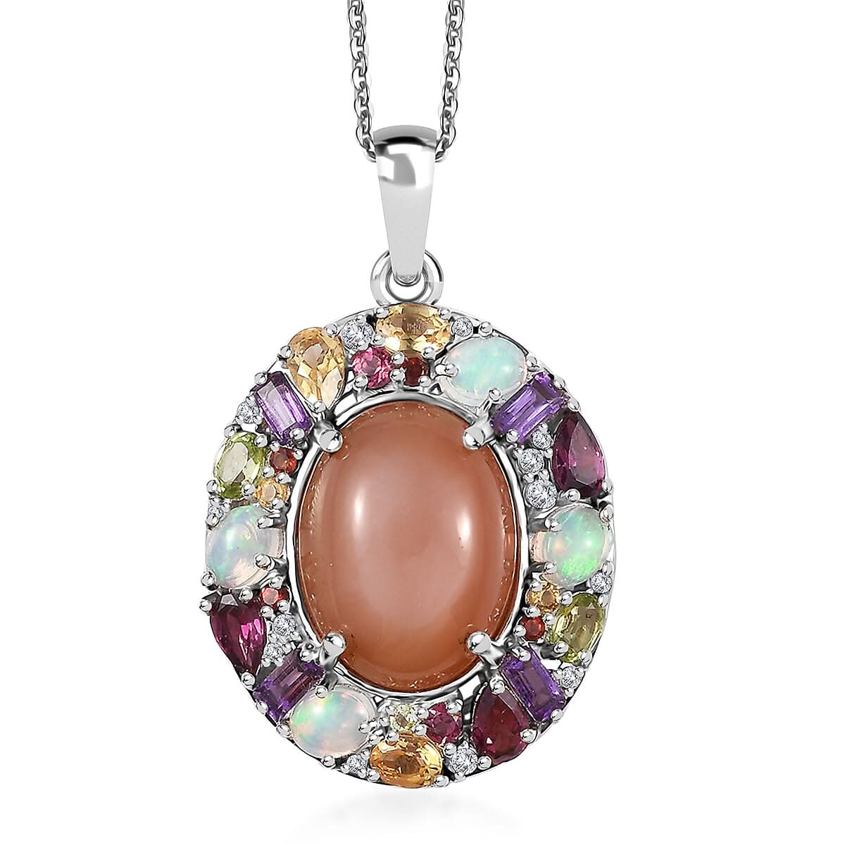 Peach Moonstone and Multi Gemstone Graffiti Pendant Necklace 20 Inches in Platinum Over Sterling Silver 14.15 ctw