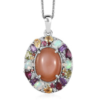 Peach Moonstone and Multi Gemstone Graffiti Pendant Necklace 20 Inches in Platinum Over Sterling Silver 14.15 ctw