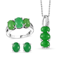 Green Jade Stud Earrings, 3 Stone Ring (Size 10) and Pendant Necklace (20 Inches) in Rhodium Over Sterling Silver 10.00 ctw
