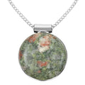 Ruby Zoisite Round Pendant Necklace 20 Inches in Silvertone 38.00 ctw - Sticky add to cart bar