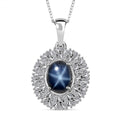 Blue Star Sapphire (DF) and Moissanite Cocktail Pendant Necklace 20 Inches in Platinum Over Sterling Silver 5.85 ctw - Sticky add to cart bar